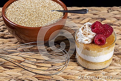 Quinoa flan with cream and raspberries Stock Photo