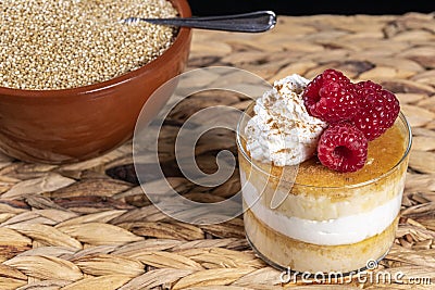 Quinoa flan with cream and raspberries Stock Photo