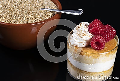 Quinoa flan with cream and raspberries Stock Photo