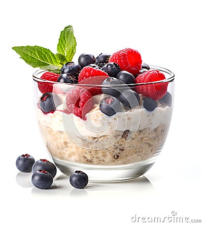 Quinoa porridge with raspberries and blueberries Stock Photo