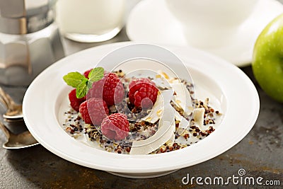 Quinoa porridge with raspberry and coconut flakes Stock Photo