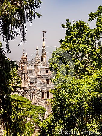 Quinta da Regaleira palace vertical view, hidden in the trees, in Sintra, Portugal Stock Photo