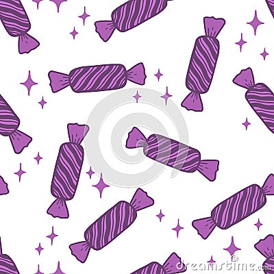 Quirky, abstract hand drawn seamless vector candy pattern. Colorful, retro hand illustrated Halloween treats on a white background Cartoon Illustration