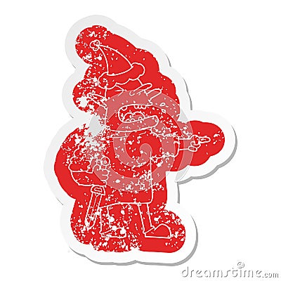 quirky cartoon distressed sticker of a goblin with knife wearing santa hat Vector Illustration