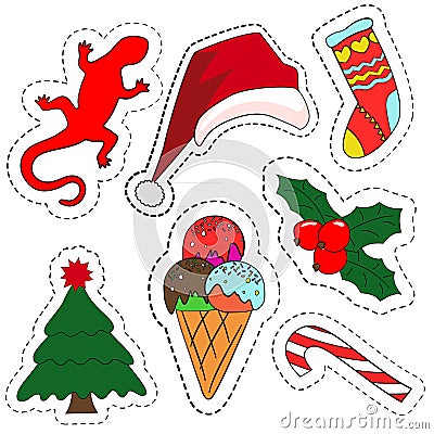 Quirky cartoon patch badges or fashion pin badges. Christmas decoration set: Vector Illustration