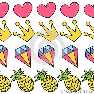 Quirky cartoon Seamless Pattern Pink heart, crown, diamond pineapple White background. Flat design. Vector Illustration