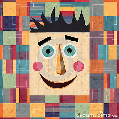 Quirky Cartoonish Square Face On Colorful Quilt: A Playful Illustration Stock Photo