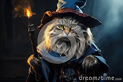 Quirky Cat Dressed As A Magical Wizard With A Pointed Hat Stock Photo