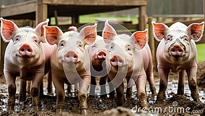 a quirky farm where mischievous pigs love in the mud, Stock Photo