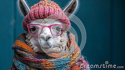 Quirky llama in glasses and winter hat Generative AI Stock Photo