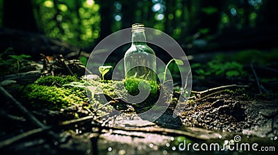 Quirky Visual Storytelling: Abandoned Bottle In Enchanting Forest Stock Photo