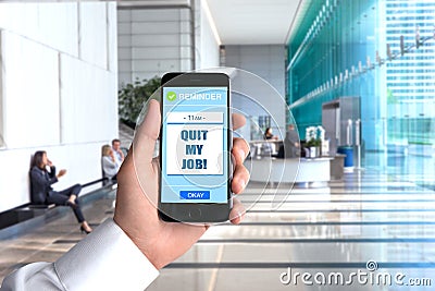 Quit job cell phone smartphone hand POV business man background workplace office perspective point of view executive Stock Photo