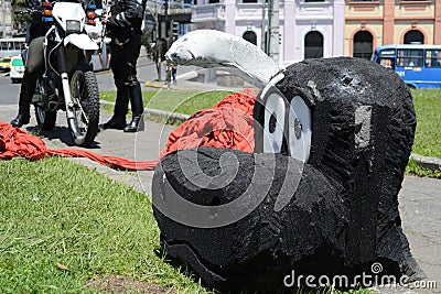 QUITO, ECUADOR - JANUARY 28, 2016: Close up of a head s bull made of foam, march protesters in an anti bullfightting in Editorial Stock Photo