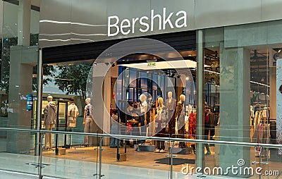 Quito, Pichincha, Ecuador, September 11, 2021. Sign above the entrance to the Bershka clothing store in a shopping center Editorial Stock Photo