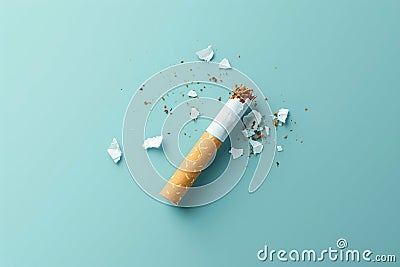 Quitting the Habit: Mangled Cigarette on Light Blue. Stock Photo