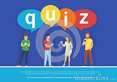 Quiz flat concept vector illustration of young people using mobile smartphone Vector Illustration