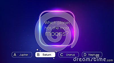 Quiz game menu, test questions choice. Neon template for TV show or trivia game. Riddle with question and answer. Vector Vector Illustration