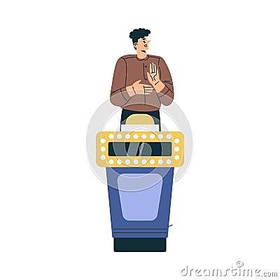 Quiz Game with Young Man Participant at Button Stand Vector Illustration Vector Illustration
