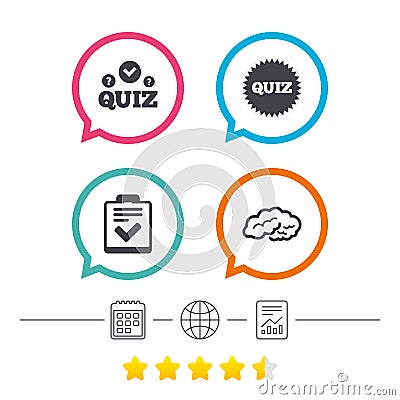 Quiz icons. Checklist and human brain symbols. Vector Illustration