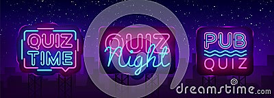 Quiz night collection announcement poster vector design template. Quiz night neon signboard, light banner. Pub quiz held Vector Illustration
