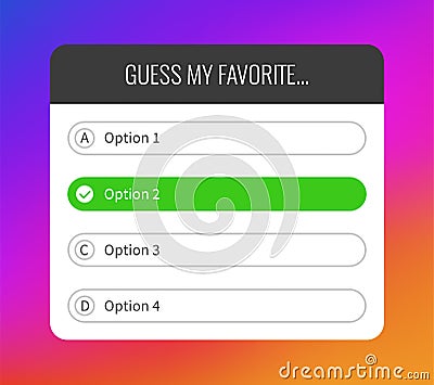 Quiz option. Question interface social media sticker, select and guess buttons mockup, frame on bright gradient Vector Illustration