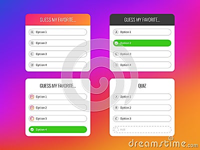Quiz option. Question stickers for poll stories page, popularity interface voting labels for typing answers, vector Vector Illustration