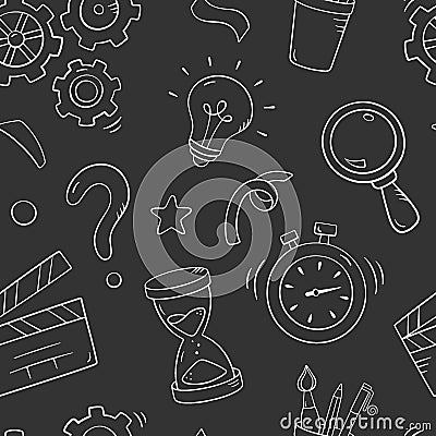 Quiz seamless pattern in doodle style, vector illustration. Back to school concept, stationery symbols on chalk board Vector Illustration