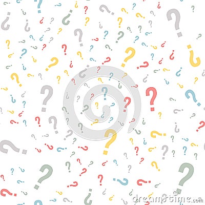 Quiz seamless pattern. Question marks, doubt, faq background. Simple endless repeating motif. Poll, survey Vector Illustration