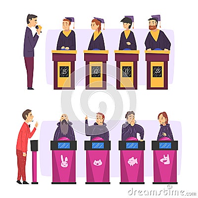 Quiz Show Host and Player Character Standing Ready to Press Button Vector Set Vector Illustration