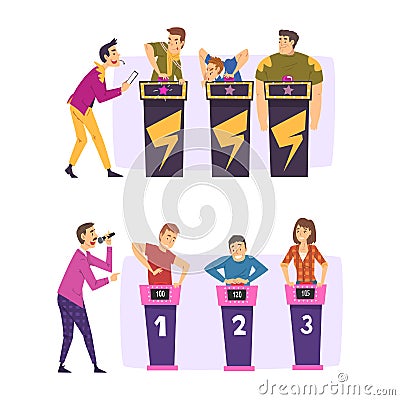Quiz Show Host and Player Character Standing Ready to Press Button Vector Set Vector Illustration