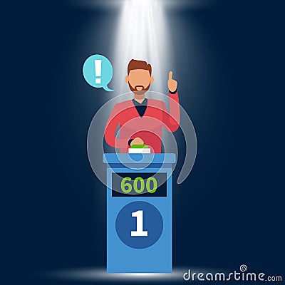 Quiz show. Standing man raise up hand, answer question and pushing button on tv game with podium and light concept Vector Illustration