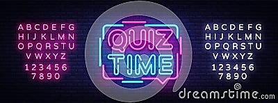 Quiz Time announcement poster neon signboard vector. Pub Quiz vintage styled neon glowing letters shining, Light Banner Vector Illustration