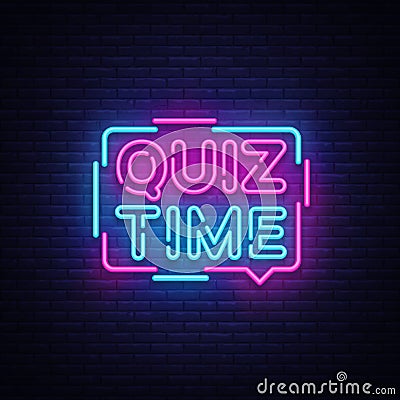 Quiz Time announcement poster neon signboard vector. Pub Quiz vintage styled neon glowing letters shining, Light Banner Vector Illustration