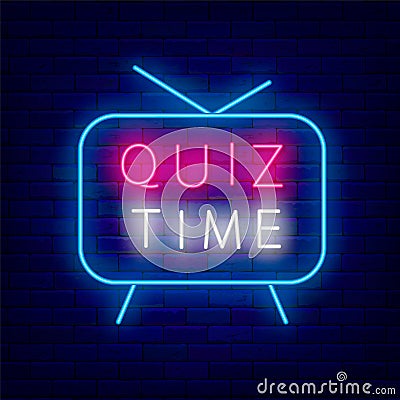 Quiz time neon signboard. Blue tv frame. Play game concept. Exam design. Editable stroke. Vector stock illustration Vector Illustration