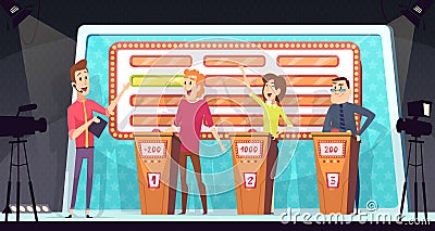 Quiz tv show. Smart competition with three players answered question entertainment tournament television game vector Vector Illustration