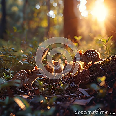 Quoll family in the forest with setting sun shining. Stock Photo