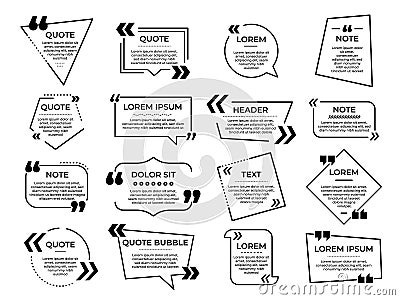 Quotation frame. Message quote memo, info speech bubbles templates. Text mark, chat box or line comment banners recent Vector Illustration