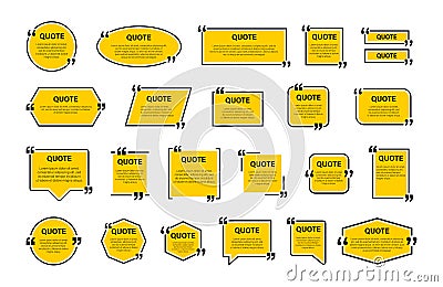 Quote box frame, big set. Texting quote boxes. Yellow Blank template quote text info design boxes quotation bubble blog Vector Illustration