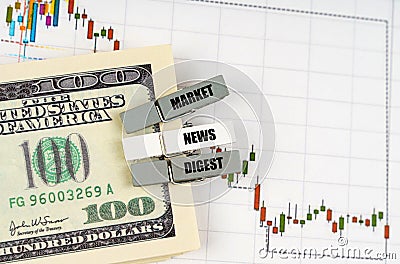 On the quote chart there are dollars and clothespins with the inscription - Market News Digest Stock Photo