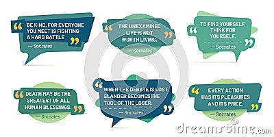 Quote in quotes frames. Socrates quotes, speech stickers and comment box badge vector set Stock Photo