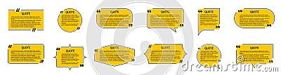 Quote of text in box. Quotation, comment, dialog with frame. Speech bubble in shapes with title, commas and borders. Template for Vector Illustration