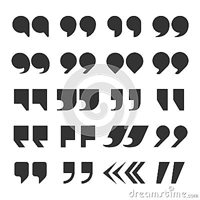 Quotes marks. Quotation marking speech punctuation excerpt commas double comma. Remark button set Stock Photo