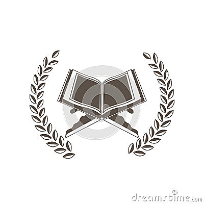 Quran open book emblem. Reading and learning vector icon with wreath. Book on stand award stamp. Graphic illustration isolated Cartoon Illustration