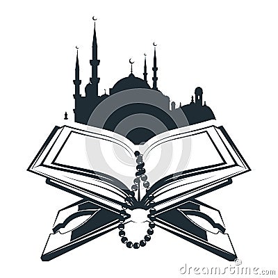 Quran on wooden board stand and mosque building silhouette, open koran and prayer beads Vector Illustration