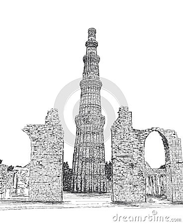 Qutub Minar Vector Illustration - New Delhi, India Unesco World Vector Illustration