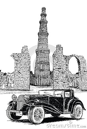 Qutub Minar and Vintage Car Vector Illustration - New Delhi, Ind Vector Illustration