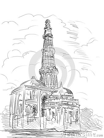 Qutub Minara tower Delhi India Cartoon Illustration