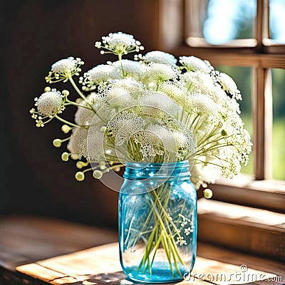 Queen Anne's Lace In A Sunny Window Stock Photo