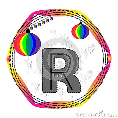 Alphabet r. Letter r gradient label. Rainbow ball sticker frame vector using shapes and pattern design. Vector Illustration