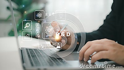 R and D icon for Research and Development on laptop screen. Manage costs more efficiently. R and D innovation concept Stock Photo